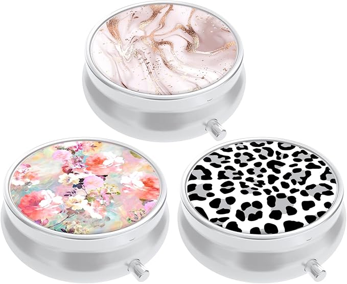 3 Pack Pill Box, Small Pill Case for Purse & Pocket, Cute Travel Medicine Organizer, Portable Medicine Container Holder to Hold Vitamins, Medication, Fish Oil & Supplement, Pink Flowers Leopard