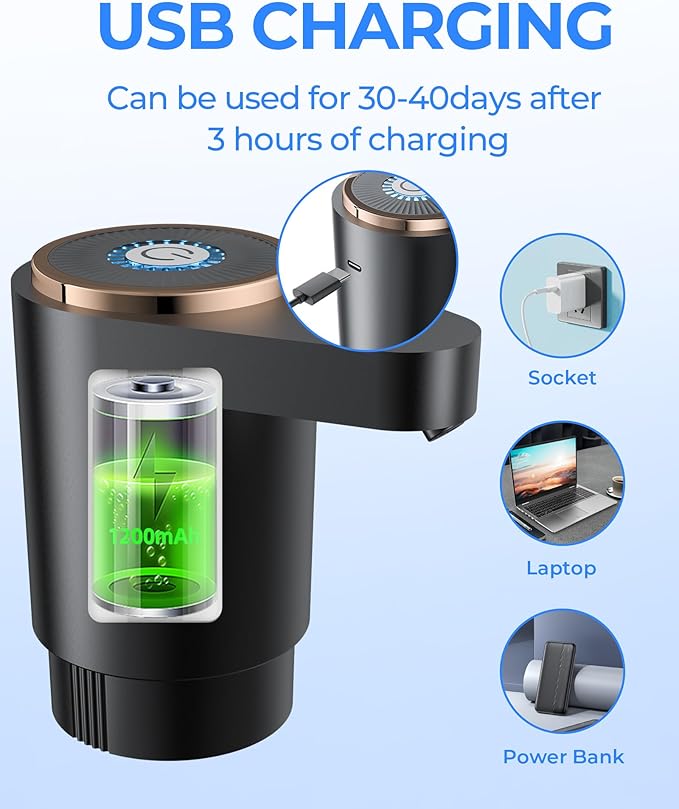 Water Bottle Pump, Portable Electric Water Dispenser Pump for 5 Gallon Bottles - USB Charging, Automatic Switch, Rechargeable Battery for Home Kitchen Room Camping, Black