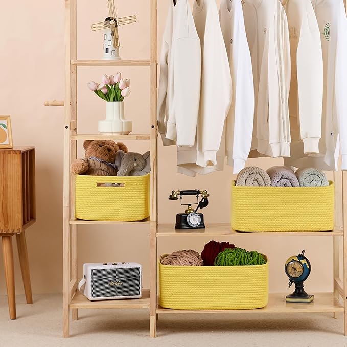MiniArk Large Storage Baskets for Organizing, Closet Shelf Baskets for Clothes Blanket Towels, Baby Nursery, Toy Bins Box, Woven Rope Baskets, 17 x 13 x 7.5”, 4 Packs Yellow