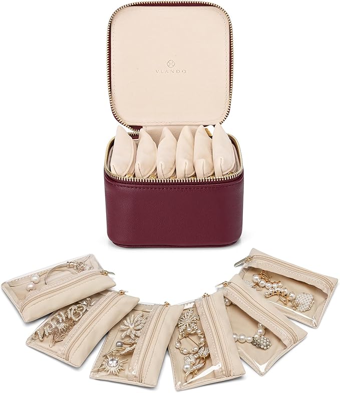 Vlando Small Jewelry Box Organizer,Travel Jewelry Storage with 6 Velvet Jewelry Zipper Pockets,Travel Jewelry Case Birthday Gifts for Women Girls(Red)