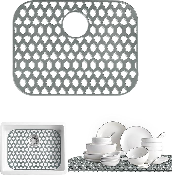 Sink Protectors for Kitchen Sink, Kitchen Sink Accessory - Silicone Mats Grid for Stainless Steel Strainer Bottom of Farmhouse Porcelain sinks (21”x16”, Rear Drain)