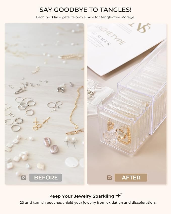 Clear Acrylic Jewelry Organizer Box with 20 Portable Pouches, Jewelry Storage Case for Women Girls, Tangle-Free, Anti-Tarnish, Compact Storage for Necklaces/Earrings/Rings, Upgraded Clear