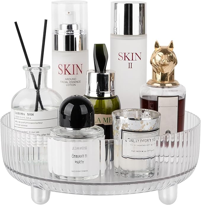 360 Rotating Makeup Organizer Perfume Tray Skincare Holder Spinning Cosmetic Storage Bathroom Countertop Organizer Lazy Susan Turntable for Dresser, Vanity, Kitchen, Small Clear