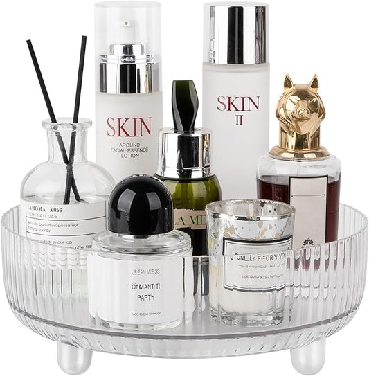 360 Rotating Makeup Organizer Perfume Tray Skincare Holder Spinning Cosmetic Storage Bathroom Countertop Organizer Lazy Susan Turntable for Dresser, Vanity, Kitchen, Small Clear