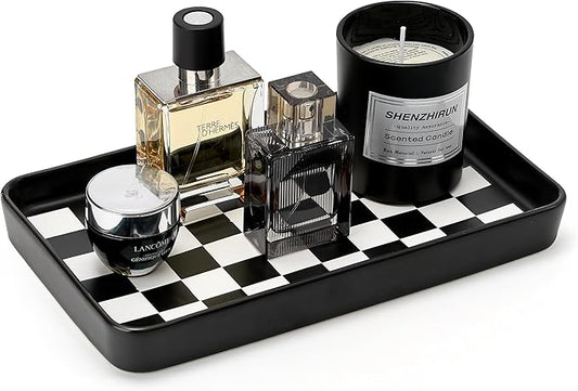 10"×6"×1" Texture Checkered Surface Bathroom Vanity Tray for Countertop- Ceramic Decorative Organizer Tray for Dresser Top, Toilet, Perfume, Sponge Holder Soap Dish Dispenser for Kitchen Counter