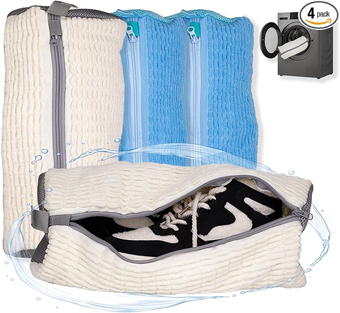 Shoe Washing Machine Bag, 4 Pcs Laundry Shoe Bags for Washer and Dryer with Chenille Liner, Large Reusable Mesh Bag for Sneakers, Gym, Tennis, Sports, Delicate, 2 Color Mix (Blue+Beige)