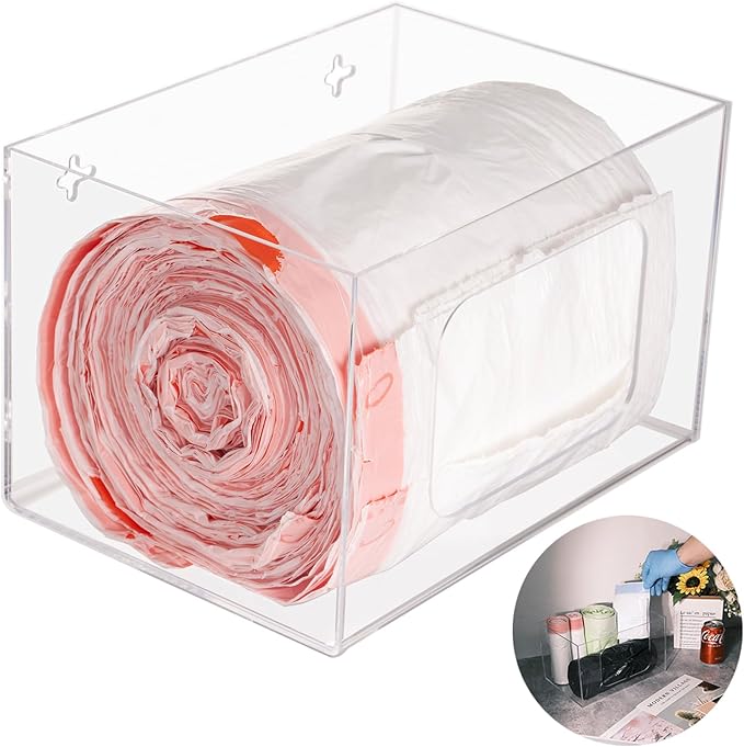 SEANADO Extra Large Trash Bag Dispenser Roll Holder, Wall Mount Acrylic Kitchen Under Sink Organizer Storage Box Large Garbage Bags (10.43” x 7.5” x 6.9” without Lid)