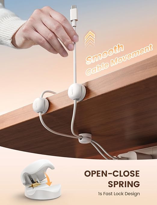 Lamicall Cord Organizer, Spring Cable Management Clips - 6-Pack Compact Desk Cable Holder Clips, Nightstand Phone Charging Cord Holder, Halloween Adhesive Wire Organizer, Office Accessory, White