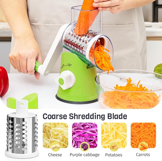 Rotary Cheese Grater Hand Crank, 3 Blades Slicer Shredder, Cheese Grater for Kitchen, Multi-Functional Kitchen Tool for Vegetables, Nuts, Chocolate, with Strong Suction Base, Green