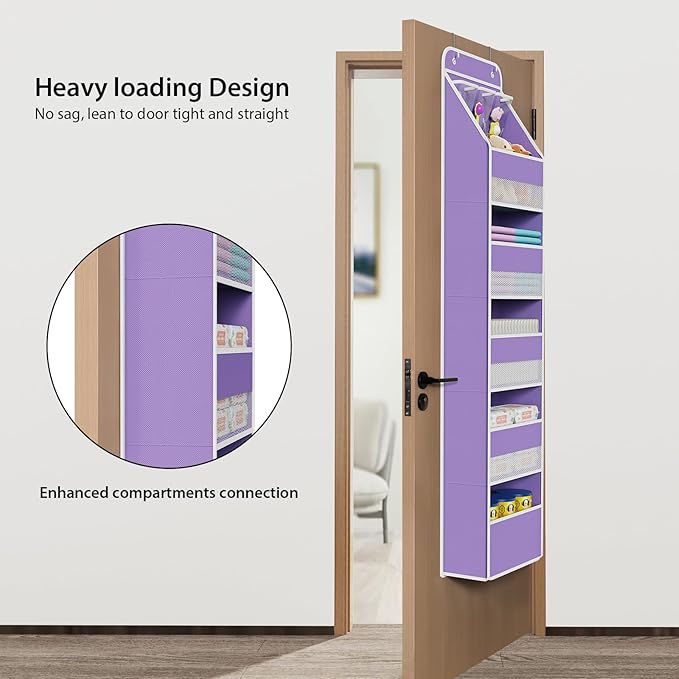 Univivi 6-Shelf Over Door Hanging Organizer Fabric Baby Door Storage with 5 Large Pockets and 3 Small PVC Pockets Wall Mount Hanging Storage Organizers for Baby Essential (Purple)