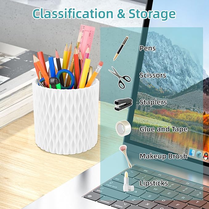 White Pen Holder for Desk, 360 Degree Rotating Desk Organizer with 5 Compartments, Pen Pencil Makeup Brush Holder, Cosmetics Lipsticks Pen Organizer for Home Office School