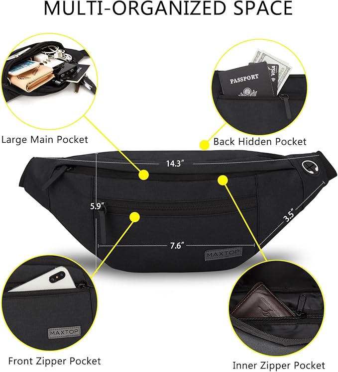 MAXTOP Large Crossbody Fanny Pack with 4-Zipper Pockets, Gifts for Enjoy Sports Festival Workout Traveling Running Casual Hands-Free Wallets Waist Pack Phone Bag Carrying All Phones