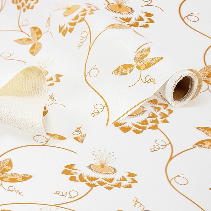 RAY STAR Shelf Liner, Non Adhesive Golden Leaves Floral Kitchen Cabinet Liner for Pantry Drawer Vanity, Strong Grip Non Slip, Shelf Liners for Kitchen Cabinets Cupboard 18 Inch x 8 FT (4 Rolls)