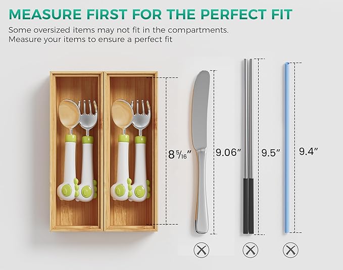 Bamboo Kitchen Drawer Organizer Boxes – 9" x 3" Stackable Wood Silverware Utensil Tray for Drawers Bins, Cutlery & Flatware Storage – Wooden Organizers Set of 2 for Junk Drawer, Bathroom, RV