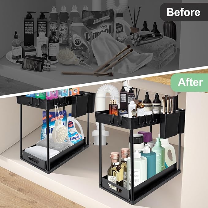 2-Pack Under Sink Organizer – 2-Tier Sliding Storage Rack for Bathroom & Kitchen, Pull-Out Under Cabinet Organizer for Bathroom Organizers and Storage (Black)