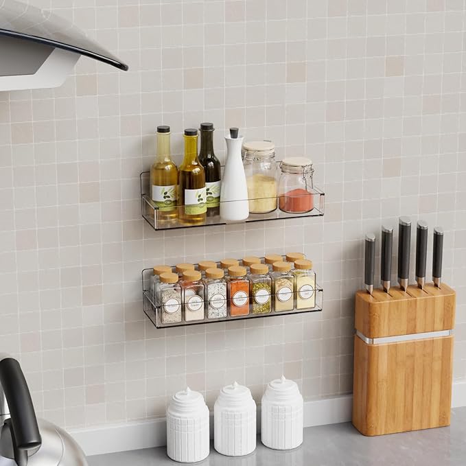 Yieach 4 Pack Clear Spice Rack Wall Mount with Adhesive,11.5″L x 3.6″W,Stick on Seasoning Jar Spice Organization for Cabinet Door or Pantry Door,Adhesive Wall Spice Rack for RV,Kitchen,Inside Cabinets