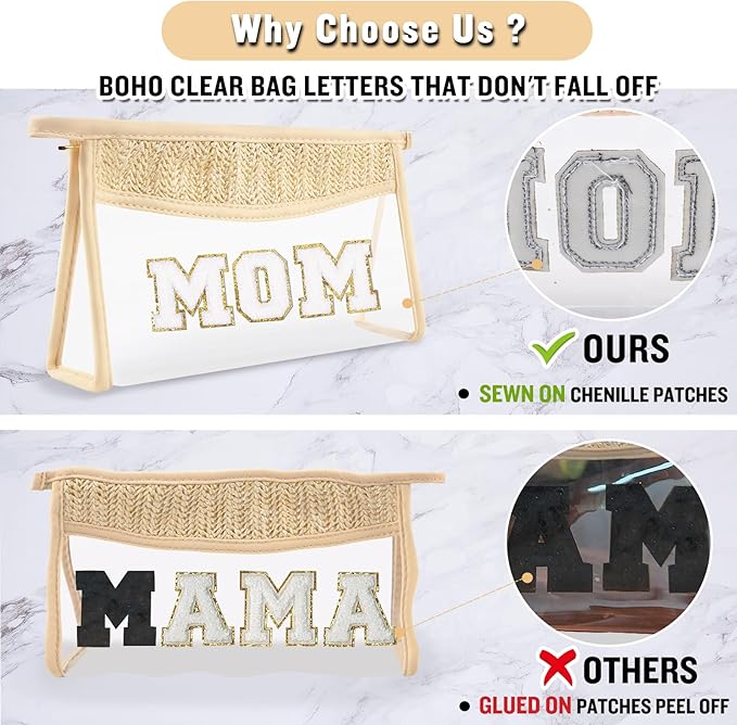Boho Clear Makeup Letter Patch Makeup Bag MOM Pouch, Clear Toiletry Bag Travel Small Cute Stadium Chenille Letter Cosmetic Zipper Pouch Purse, Transparent Waterproof Diaper Bag Organizing Pouches(MOM)
