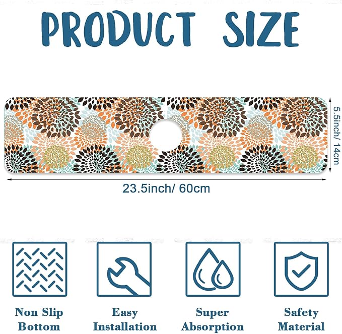 Vintage Flowers Sink Splash Guard Abstract Floral Faucet Absorbing Mat Fast Drying Mat Sink Gadgets Splash Guard Behind Faucet Drip Catcher for Kitchen Bathroom, 23.5"x5.5"