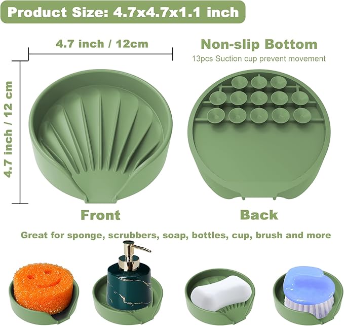 Sponge Holder for Scrub Daddy with Suction Cups and Drain Spout Kitchen Sink Caddy Organizer, Soap Dishes Holder Accessories Rack, Dishwasher Safe - 4.7"x4.7", Green