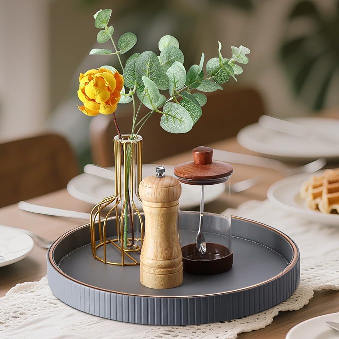 KINGFOM Decorative Serving Tray, PU Leather Valet Nightstand Desk Organizer for Men Women, Round Tray Decor for Coffee Table/Home Decor, Modern Decorative, Centerpiece (Gray)
