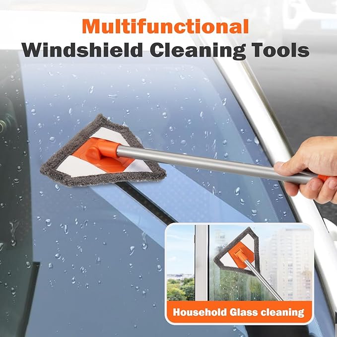Windshield Interior Cleaner Tool - Auto Glass Wash Brush with 2 Washable and Reusable Microfiber Pads,Car Accessories Interior Triangular Mop Cleaning Kit for Trucks, SUVs, RVs & Home Windows