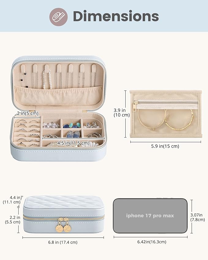 Lolalet Travel Jewelry Case for Women Girls, Travel Jewelry Organizer with Clear Storage Bag Small Portable Jewelry Box for Necklace Bracelet Earring Ring Valentine's Bridesmaid Gifts -Medium/Blue