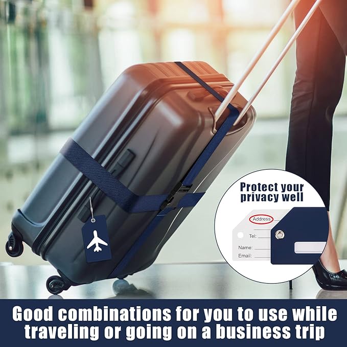 Weewooday 8 Pcs Luggage Straps Suitcase Tags Set for TSA Approved, 4 Travel Adjustable Suitcase Belt, 4 Silicone Luggage Tags with Name ID Card Travel Accessories(Dark Blue,Airplane)