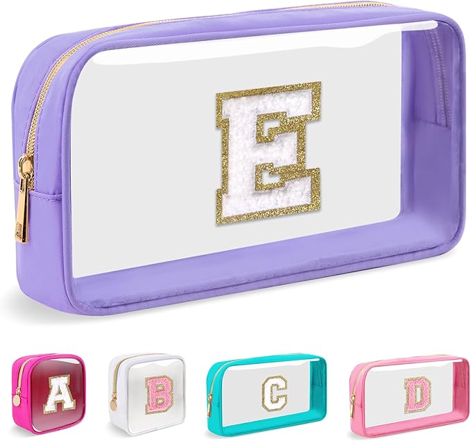 Small Clear Personalized Initial Makeup Bag,Nylon Preppy A-Z Chenille Letter Patch Cosmetic Pouch Beach Toiletry Bag,Waterproof Zip Travel Purse Storage Bag Organizer for Women Girls(Purple-White E)