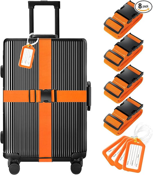 8 Pack Luggage Straps and Tags Set (4 Straps, 4 Tags), Luggage Straps for Suitcases TSA Approved Suitcase Belt Luggage Tags, Orange