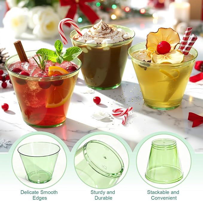 150 Pack Clear Plastic Cups 9 oz Green Plastic Cups for Cocktail Fancy Disposable Cup for Party Stemless Wine Glasses for Party Wedding Graduation