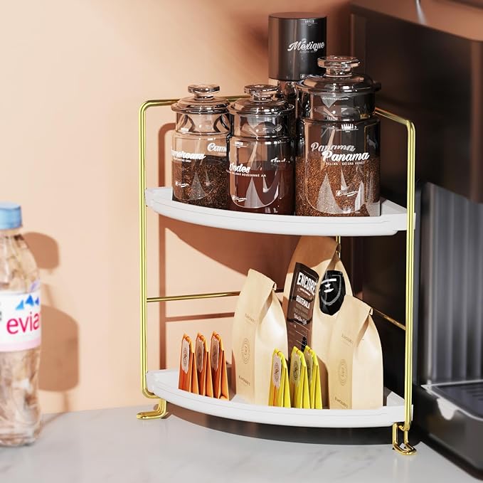 2-Tier Corner Bathroom Countertop Organizer, Tiny Counter Corner Shelf Skincare Makeup Perfume Organizer and Organization for Kitchen (Luxury Gold)