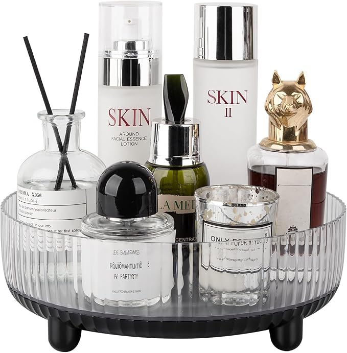Anyoifax 360 Rotating Makeup Organizer Perfume Tray Skincare Holder Spinning Cosmetic Storage Bathroom Countertop Organizer Lazy Susan Turntable for Dresser, Vanity, Kitchen, Small Black