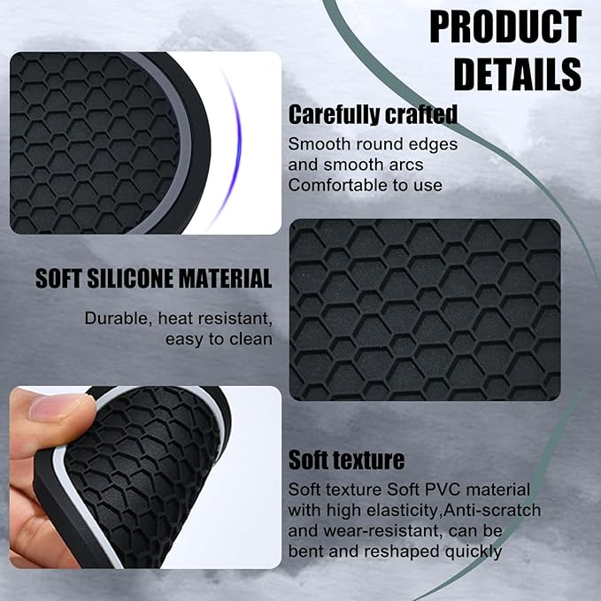 4PCS Car Cup Holder Coasters, 2.75 Inch Non-Slip Insert Cup Holder Pad, Dustproof Automotive Interior Accessories Mat, Universal for Trucks, Vehicles, RVs and More (Black/Gray)