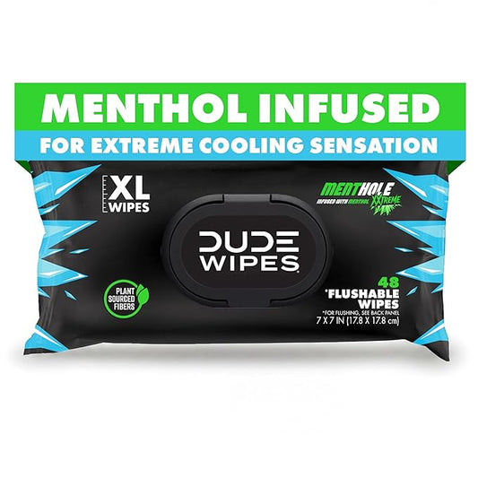 DUDE Wipes MentHOLE XXtreme Flushable Wipes - Menthol Infused Extra-Large Adult Wet Wipes - 1 Pack (48 Count), Travel Pack - Infused with Menthol for a Cooling Sensation - Septic and Sewer Safe