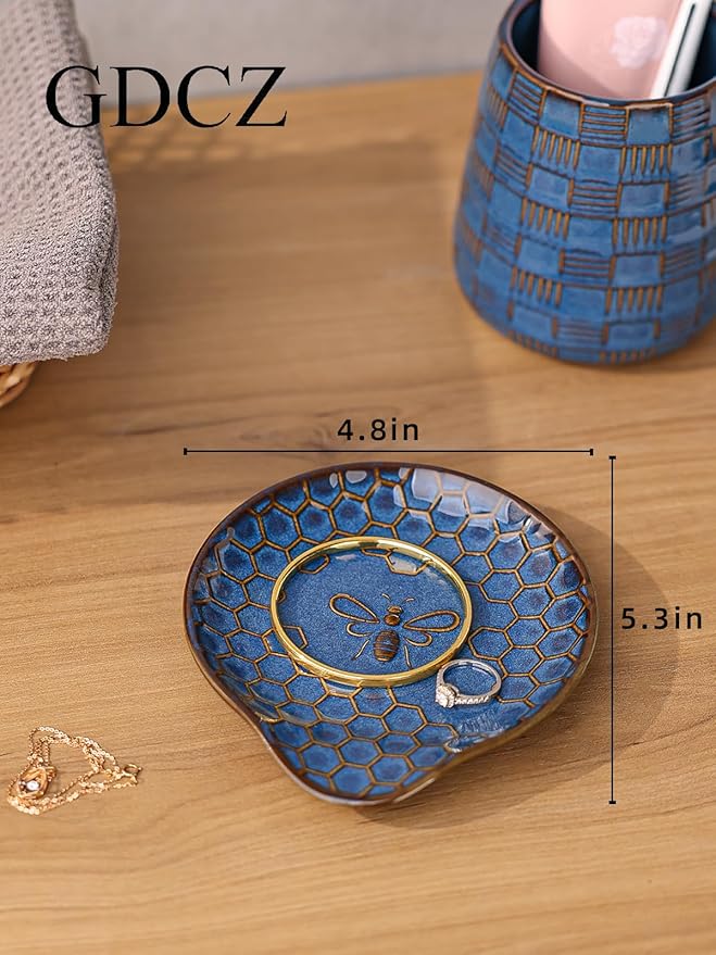 GDCZ Ceramic Jewelry Tray, 5.3" Decorative Dish, Personalized Jewelry Trays Tray with Pattern, Gifts for Friends, Sisters and Women,Set of 2 (Blue)