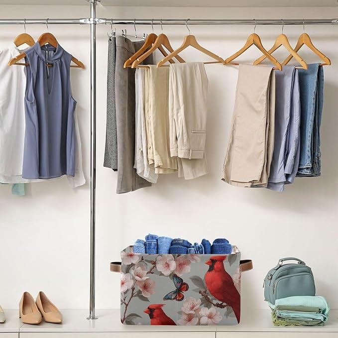 Aslsiy Storage Basket Cardinal Blooming Cherry Nursery Bins Butterfly Baby Box Canvas Clothes Shelf Basket Laundry Hamper Gift Basket for Home Closet 1 Pcs