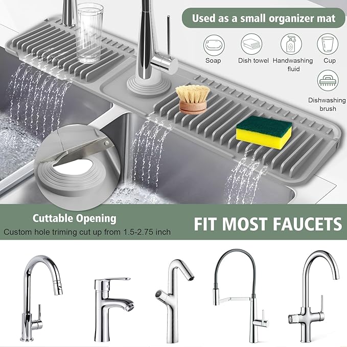 Hugro Tarfive 24-Inch Kitchen Sink Splash Guard Mat | 7° Slope for Fast Self-Draining | Snap-Lock Design | Universal & Cuttable Silicone Faucet Mat Gray