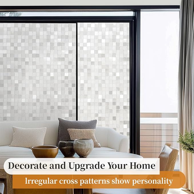 Window Privacy Film Frosted Glass Window Film Decorative, Removable Static Cling Heat Blocking Sun Blocker Front Door Window Covering for Bathroom Home Office (Mosaic, 17.5" x 78.7")