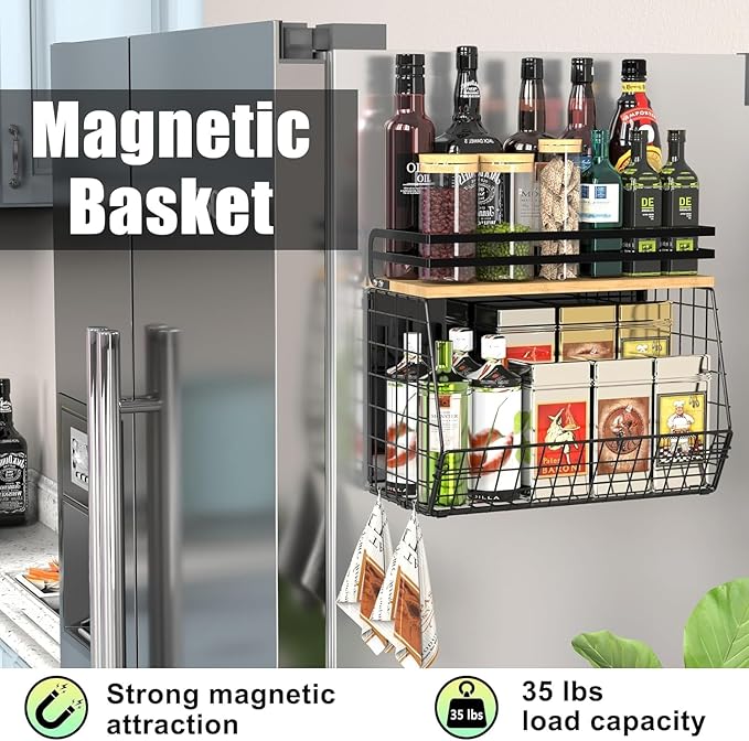 2 Pack Magnetic Spice Storage Rack Organizer for Refrigerator, Magnetic Shelf for Fridge with Wood Lid, Organizer for Kitchen & Laundry, Potato and Onion Storage Bins, Large Container, Strong Magnets