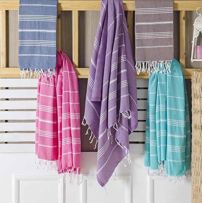Clotho Turkish Beach Towel Set of 4 – 100% Turkish Cotton, Oversized & Quick Dry – Sand Free Lightweight Travel & Pool Towels with Chair Bands – Giftable Clear Carry Case – Made in Türkiye