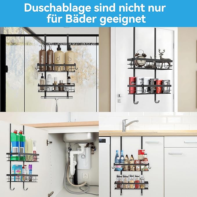 Over the Door Shower Caddy Hanging, 3-in-1 Rustproof Shower Organizer for Glass Door, No Drilling Shower Shelves with 4+3 Hooks, Wave Design, Stable, Adjustable Suitable for Kitchen/Bathroom/Balcony