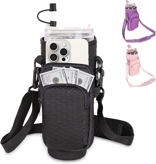 &And Per Se Neoprene Water Bottle Carrier Bag for Stanley 40oz Tumbler, Crossbody Sling with Phone Pocket & Detachable Strap, Adjustable Shoulder Holder Pouch with Charm, for Gym Travel(Black)