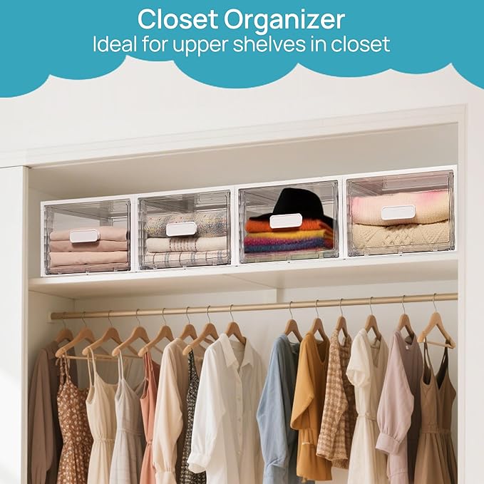 Vtopmart 4 Pack 18QT White Stackable Storage Drawers, Easily Assemble Closet Organizers, Plastic Storage Bins for Bathroom, Cabinet, Kitchen Pantry, Under Sink Organization (Medium)