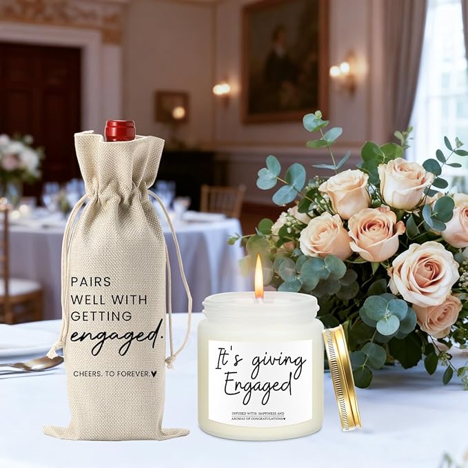 Engaged Engagement Gifts for Couples Her Engagement Party Decorations Bridal Shower Decorations Wine Bag Scented Candles Set Cheers To Forever Wine Bag It's Giving Engaged