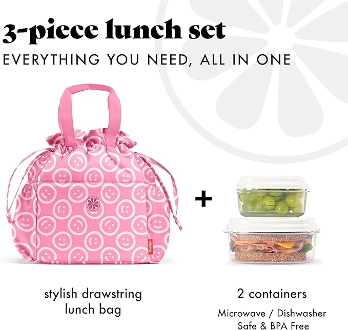 Fit & Fresh Cromwell Drawstring Lunch Bag for Women, Complete Lunch Set with 2 Containers, Stain-Resistant, Leak-Resistant, Back to School Essential, Teacher Lunchbox, All Smiles Fuchsia