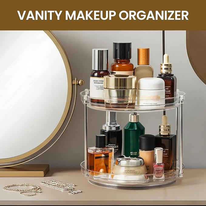 2 Set 2 Tier Non-Skid Acrylic Lazy Susan Turntable Organizer - Rotating Spice Rack - Spinning Organization for Kitchen, Pantry, Countertop, Closet, Bathroom, Vanity, Medicine Cabinet Organizing,9.25''