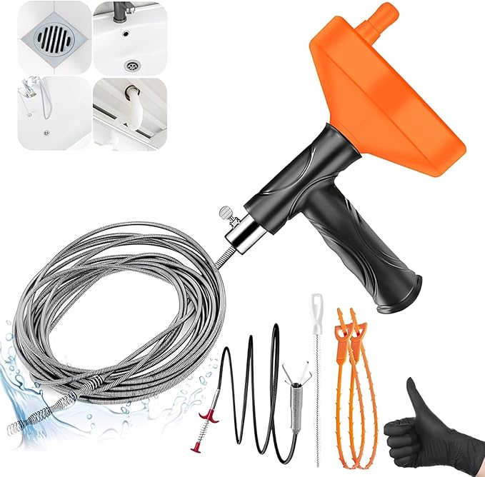 Drain Snake Auger Feet, Plumbing Snake Drain Hair Clog Removal Tool, Sink Unclogger Drain, Heavy Duty Drum Auger, Cleaner Tool for Bathroom Kitchen Tub Shower Drain Clog Remover with Gloves