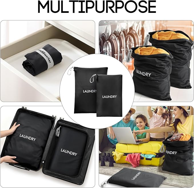 Travel Laundry Bag (2 Pcs - Large + Medium) - Foldable Waterproof Washable Wet Dry Bag for Gym, Swimming, Yoga, and Workout Perfect for Dirty Clothes, Bathing Suits, Travel Accessories Black