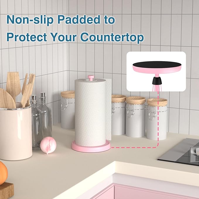 Pink Paper Towel Holder Countertop, Pink Kitchen Accessories Decor, Stainless Steel, Weighted Base, Paper Towel Roll Holder Stand with Ratchet Mechanism for Kitchen Bathroom Farmhouse Essentials