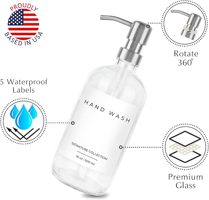 Emerson Essentials Soap Dispenser for Kitchen, Dish Dispenser for Kitchen, Bathroom Hands Set, Glass Bottles with Pump and Labels - 16 Oz, 2 Pack